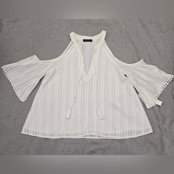 Maven West Ivory Cold Shoulder Boho Blouse Tassel Tie Crochet Sleeve Size Small - Picture 7 of 13